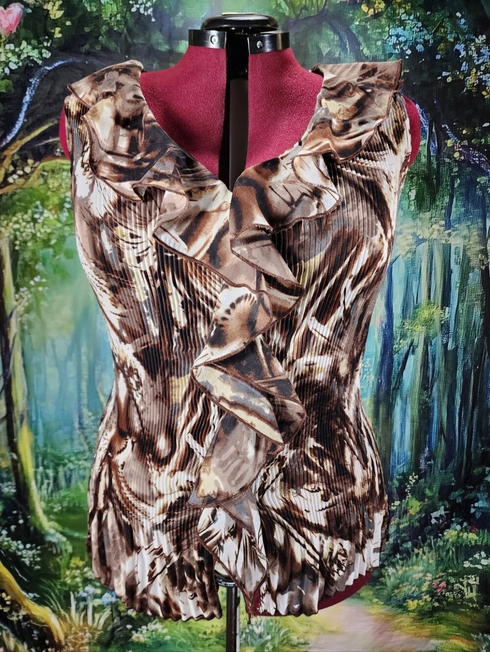 SERE NADE Ribbed Ruffled Blouse Brown White Swirl Size 1X